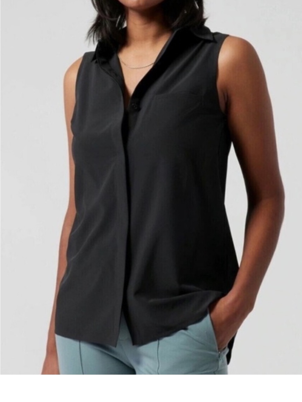 Athleta Black Sleeveless Collared Button-Front Blouse
